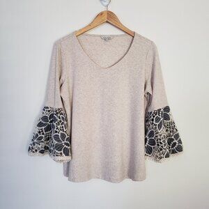 John Mark Small Lace Bell Sleeve 3/4 Top Neutral Tan Cream Dress Shirt